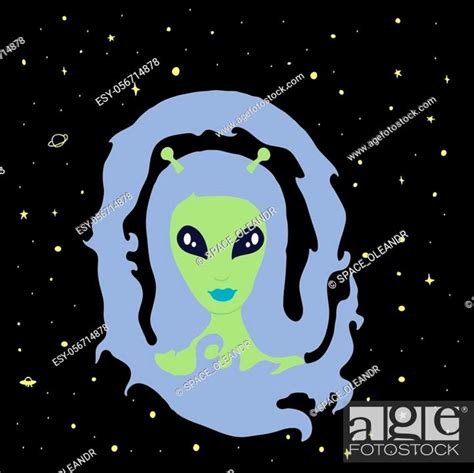 Fantastic Funny Cartoon Face Girl Alien With Antennas Of Green Skin And Blue Long Hair