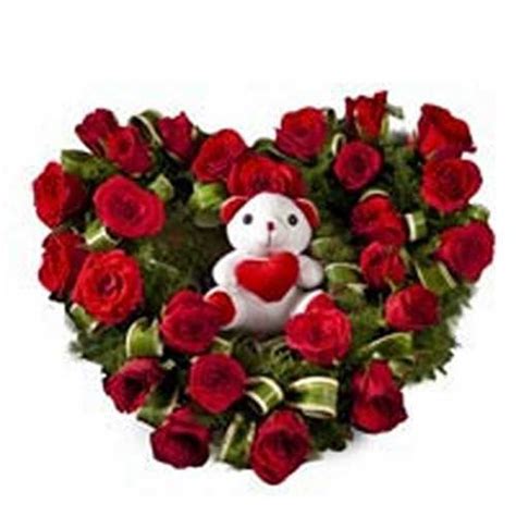 Heart Shape Arrangement Of 50 Red Roses With Teddy Myflowert