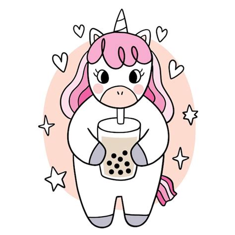 Premium Vector Cartoon Cute Unicorn Drink Bubble Tea Vector