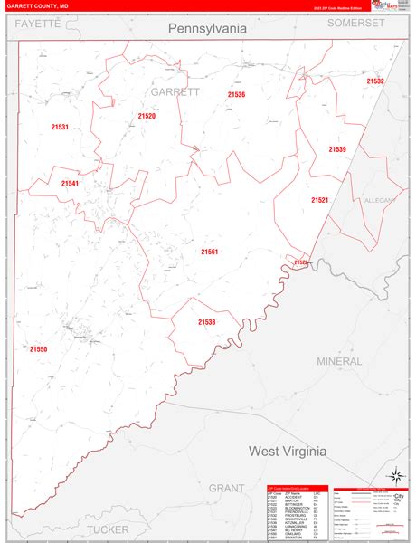 Garrett County Md Zip Code Wall Map Red Line Style By Marketmaps