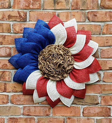Patriotic Flag Americana Poly Burlap Flower Wreath 4th July Etsy