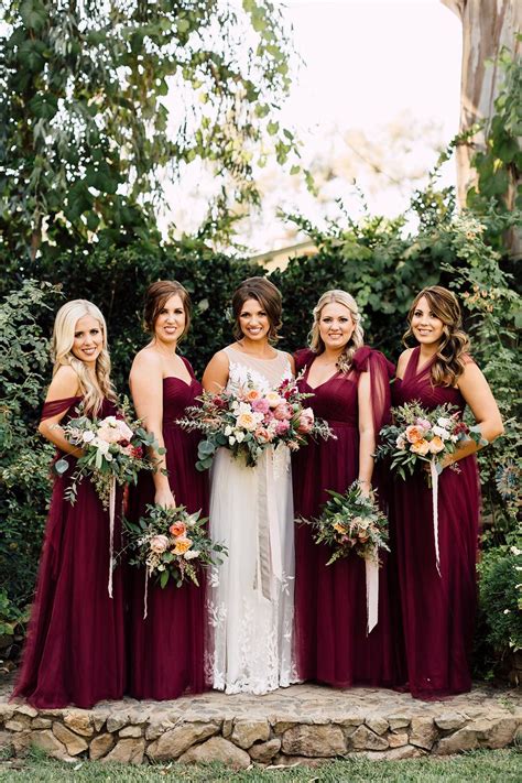 A California Garden Wedding With Romantic Florals Ruffled Wine Bridesmaid Dresses Wedding