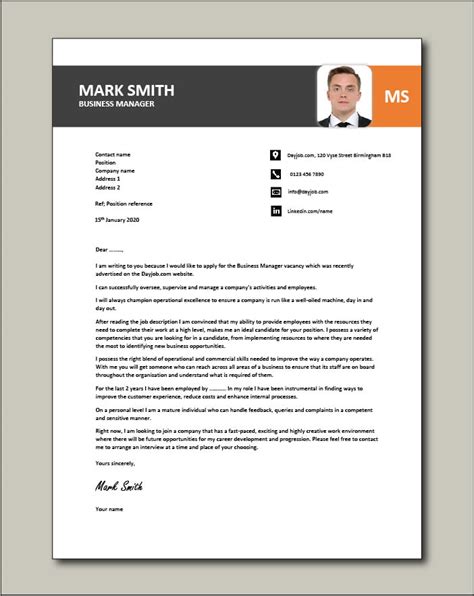Free Business Manager Cover Letter Example