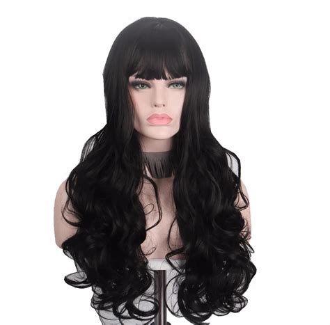 long black wig hair for women anxin cosplay curly wigs with bangs heat resistant none lace front