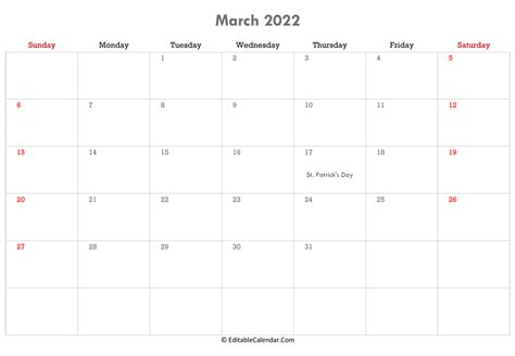 Download Editable Calendar March 2022 Word Version