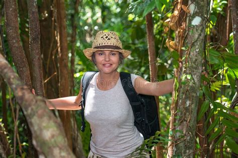 Woman Hiking In Tropical Forest Stock Photo Image Of Tour Portrait