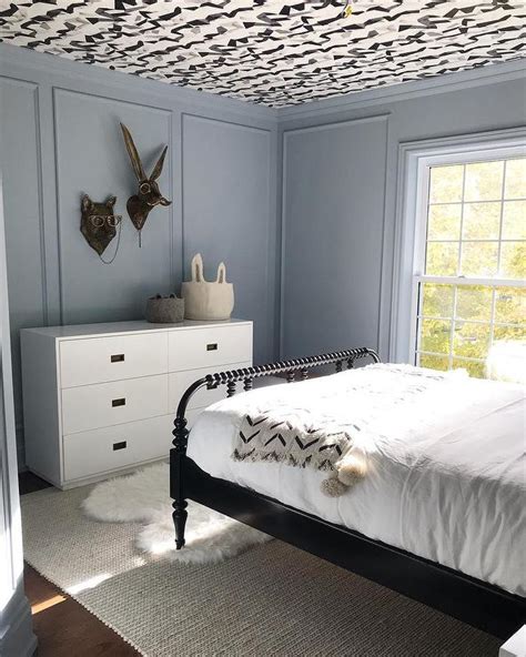 Blue And Black Boys Room With Wallpaper On Ceiling Transitional Boy