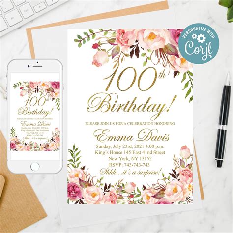 Editable 100th Birthday Invitation Floral Women Birthday Etsy