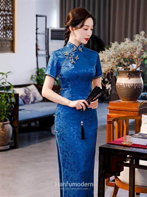 traditional blue qipao dress jacquard silk sation long cheongsam singapore hanfumodern