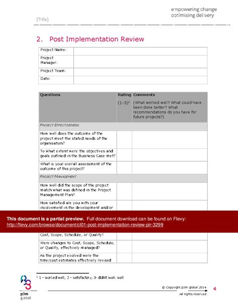 Word Template Cl01 Post Implementation Review Pir 9 Page Word