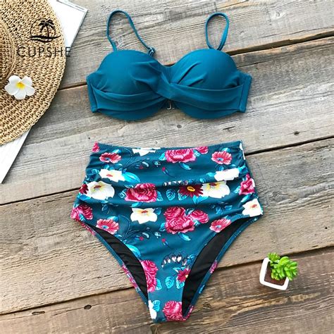 Cupshe Blue Floral High Waist Bikini Sets Women Sexy Moulded Cup Push Up Two Pieces Swimsuits