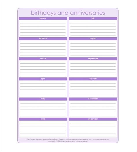 Birthday Calendar Template Excel