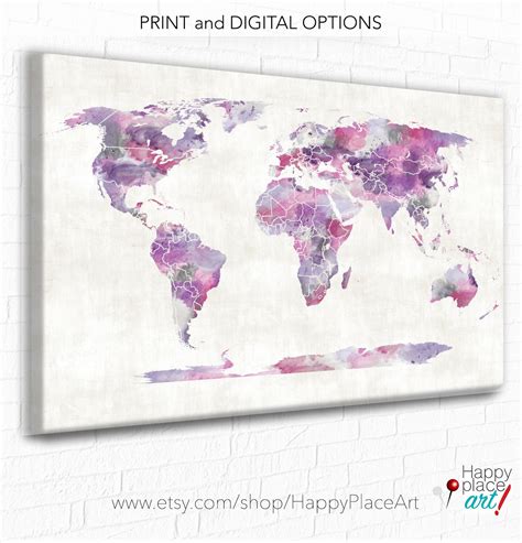 World Map Canvas Pink And Purple Watercolor World Map Etsy Water