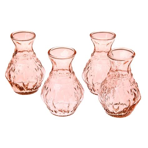 Vintage Pink Glass Vase 4 Inch Bernadette Mini Ribbed Design Set Of