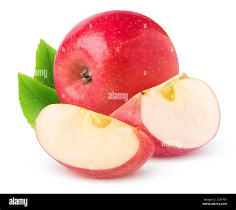 One Red Apple Fruit And Two Pieces Isolated On White Background Stock