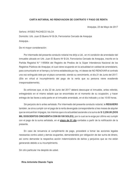 Carta Notarial No Renovacion De Contrato Y Pago De Renta