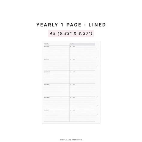 Year At A Glance A5 Planner Inserts Yearly 1 Page Yearly Etsy