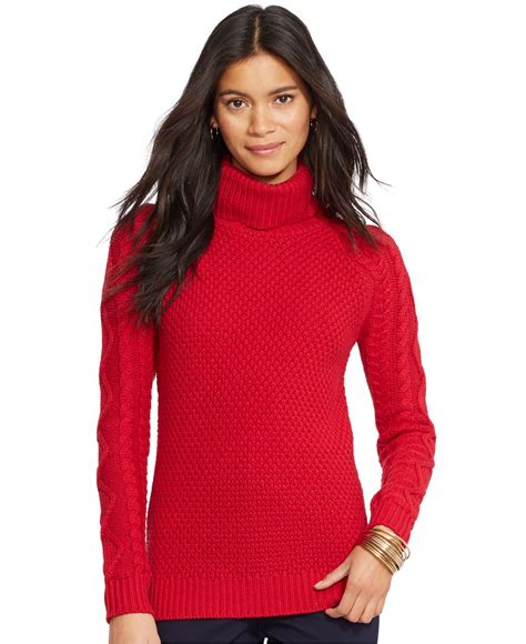 Lyst Lauren By Ralph Lauren Cable Knit Turtleneck Sweater In Red