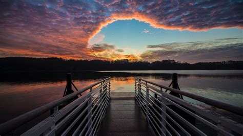 Pier Lake Dusk Sunset Sky Clouds