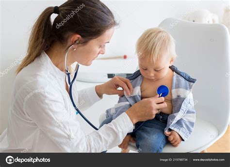 Pediatrician Examining Baby Boy Doctor Using Stethoscope Listen Kid