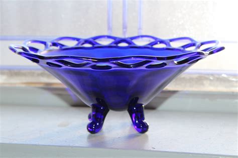 Vintage Cobalt Blue Glass Footed Bowl With Open Lace Edge