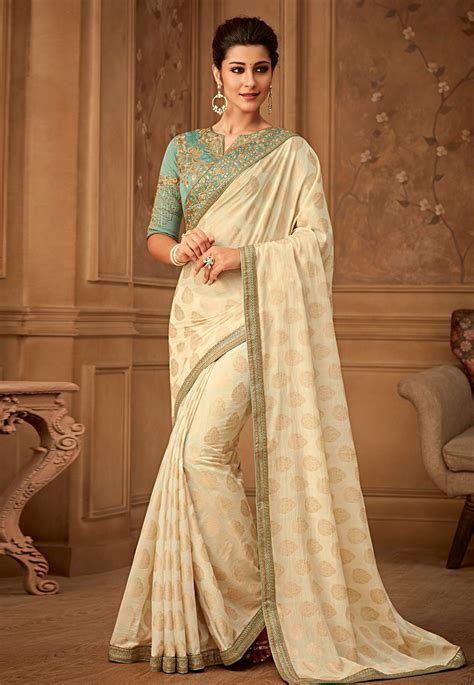 Beige Banarasi Silk Embroidered Saree With Blouse 170131 Party Wear Sarees Designer Lehenga