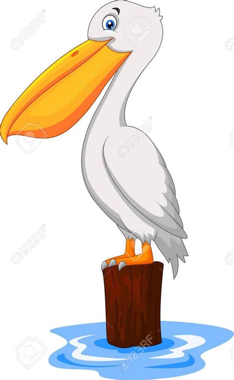 A Cartoon Pelican Standing On Top Of A Post In The Water Stock Photo