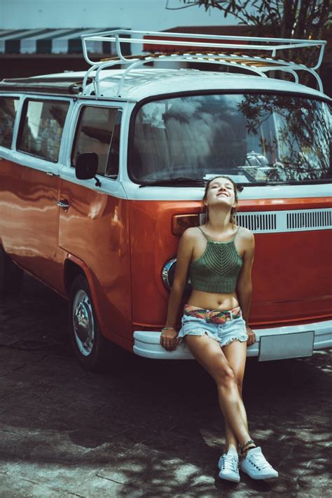 Beautiful Surfer Girl With Classic Vintage Surf Van On The