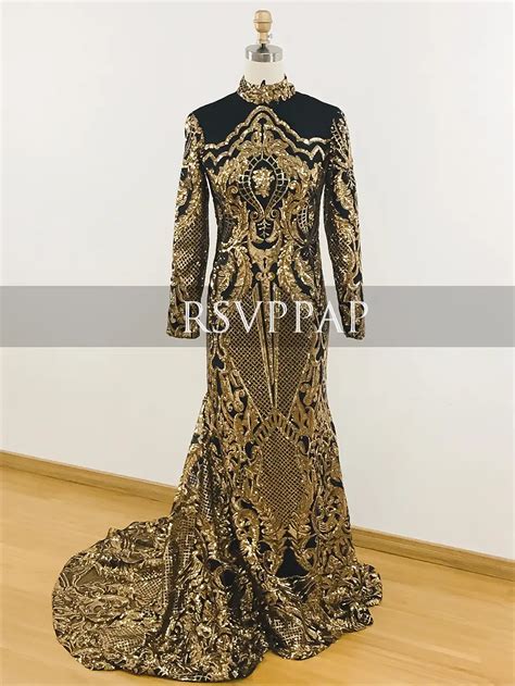 Long Prom Dresses 2019 Sexy High Neck Mermaid Long Sleeve Gold Sequin