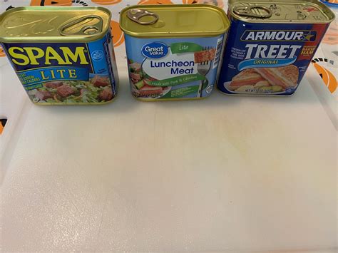 Comparison of SPAM Lite, WalMart Luncheon Meat Lite, and Armour Treet