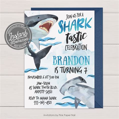 Editable Shark Invitation Shark Boy Birthday Invitation Shark