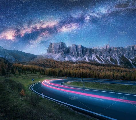 Milky Way Over Mountain Road Night Landscape Light Trails Milky Way