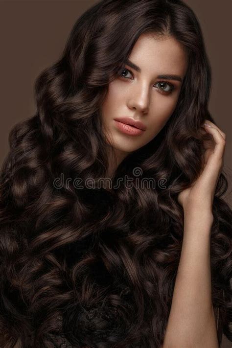 Beautiful Brunette Model Curls Classic Makeup And Full Lips The