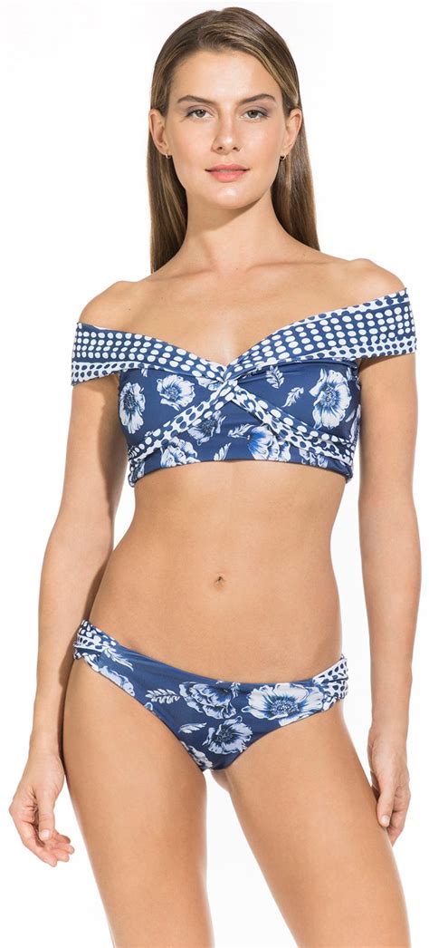 Bardot Neckline Crop Top Bikini With Blue Print Vanessa Big Flower