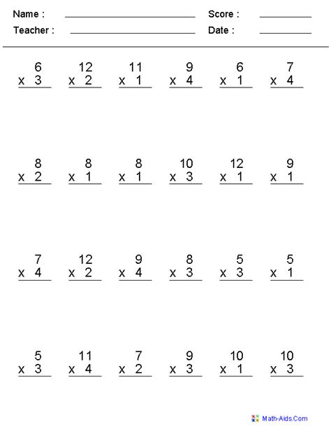 Math Worksheet Multiplication 12