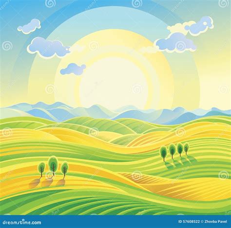 Fields Rolling Hills And Sun Engraved Etching Vector Illustration