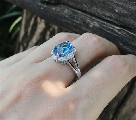 Swiss Blue Topaz Halo Solitaire Ring Oval Blue Topaz Anniversary Split Ring Unique Blue
