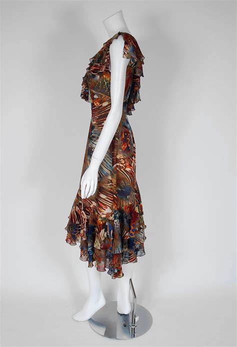 1994 thierry mugler couture abstract feather print silk one shoulder dress for sale at 1stdibs