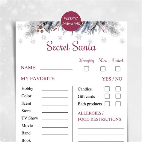 Printable Secret Santa Questionnaire X Work Secret Santa Etsy