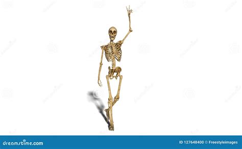 Funny Skeleton Smiling And Showing Victory Sign Walking Human Skeleton