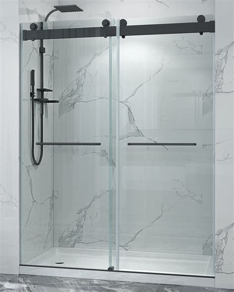 68 72 in w x 76 in h framless double sliding shower door with 3 8 in 10 mm thickness