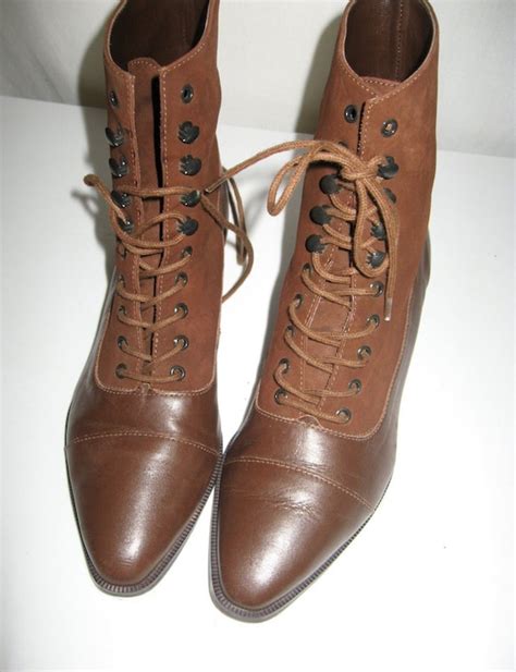 Vintage Brown Leather Lace Up Granny Ankle Boot By Vintageandmore