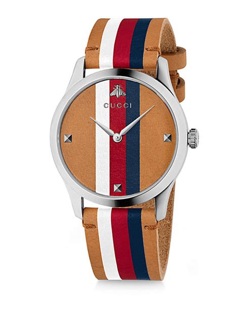 Gucci G Timeless Stripe Wide Leather Strap Watch Modesens