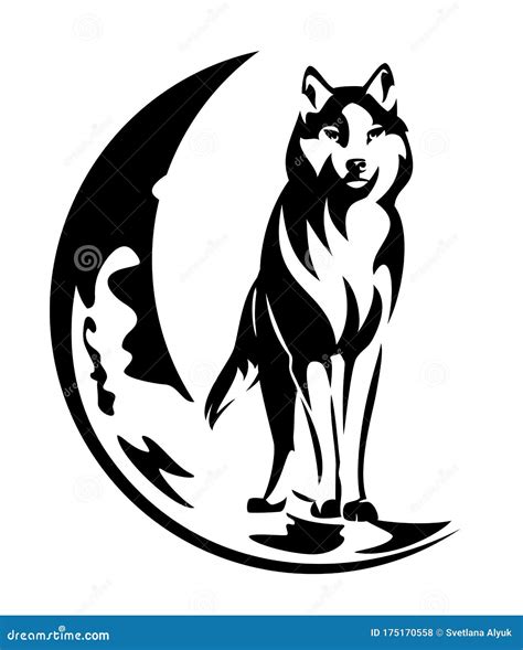 Wolf And Crescent Moon Black And White Evctor Outline Stock Vector