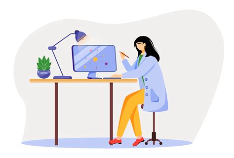 Scientist At Working Place Flat Vector Illustration Woman In Blue Lab Coat University