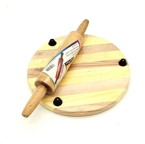 Round Wooden Rolling Board And Pin Chapati Puri Kitchen Board And Pin