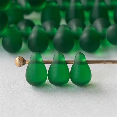4x6mm Frosted Glass Teardrops Emerald Green Matte 100 Beads Funkyprettybeads