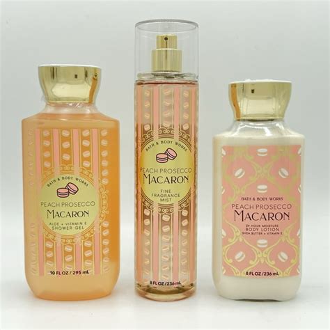 Bath And Body Works Peach Prosecco Macaron 10oz Shower Gel 8oz Fine Fragrance Mist And 8oz Body