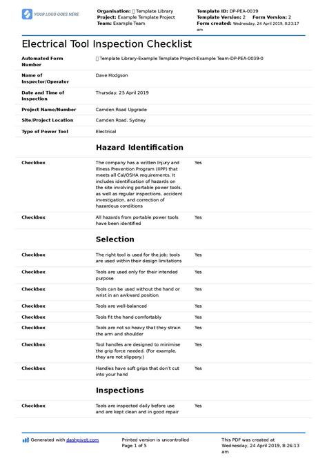 Electrical Tool Inspection Checklist Free To Use And Customisable