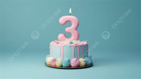 Pastel Birthday Cake Celebration 3d Render With Number 3 Candle And Blue Background 3rd